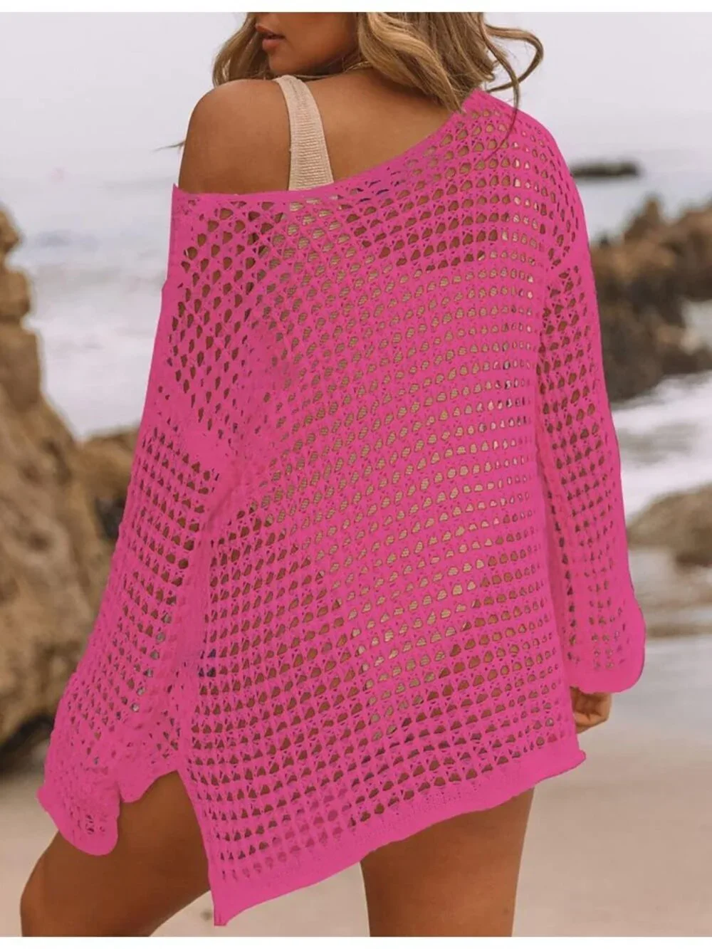 Women's Rose Red Hollow Out Knit Crochet Imported Polyester Swim Cover Up